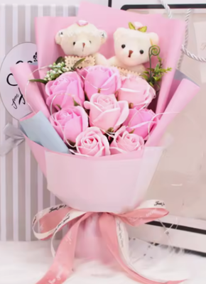 قیمت خوب صابون دسته گل رز جعبه کادو صابون گل مصنوعی با خرس و لد هدیه عروسی تولد ولنتاین آنلاین